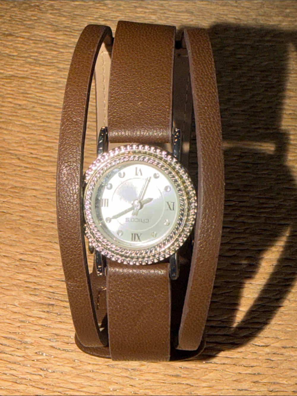 Chicos brown leather band mother of pearl face women’s watch needs battery 24